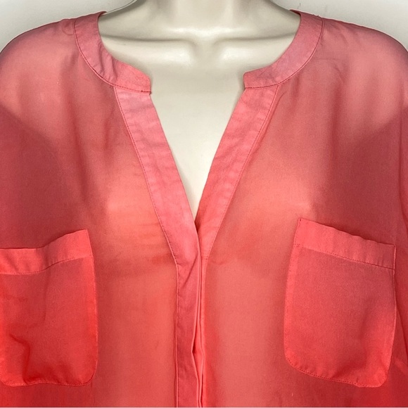 Covington Essentials Semi-Sheer Blouse Coral 3X Button Down Pockets Long Sleeves - Picture 2 of 16